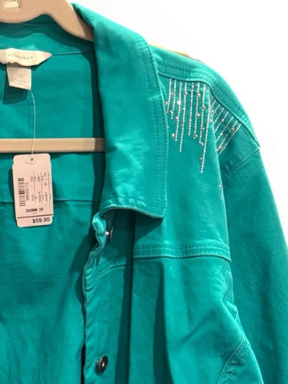 CJ Banks Turquoise Embellished Button-Front Women’s Lightweight Denim Jacket - Picture 5 of 11